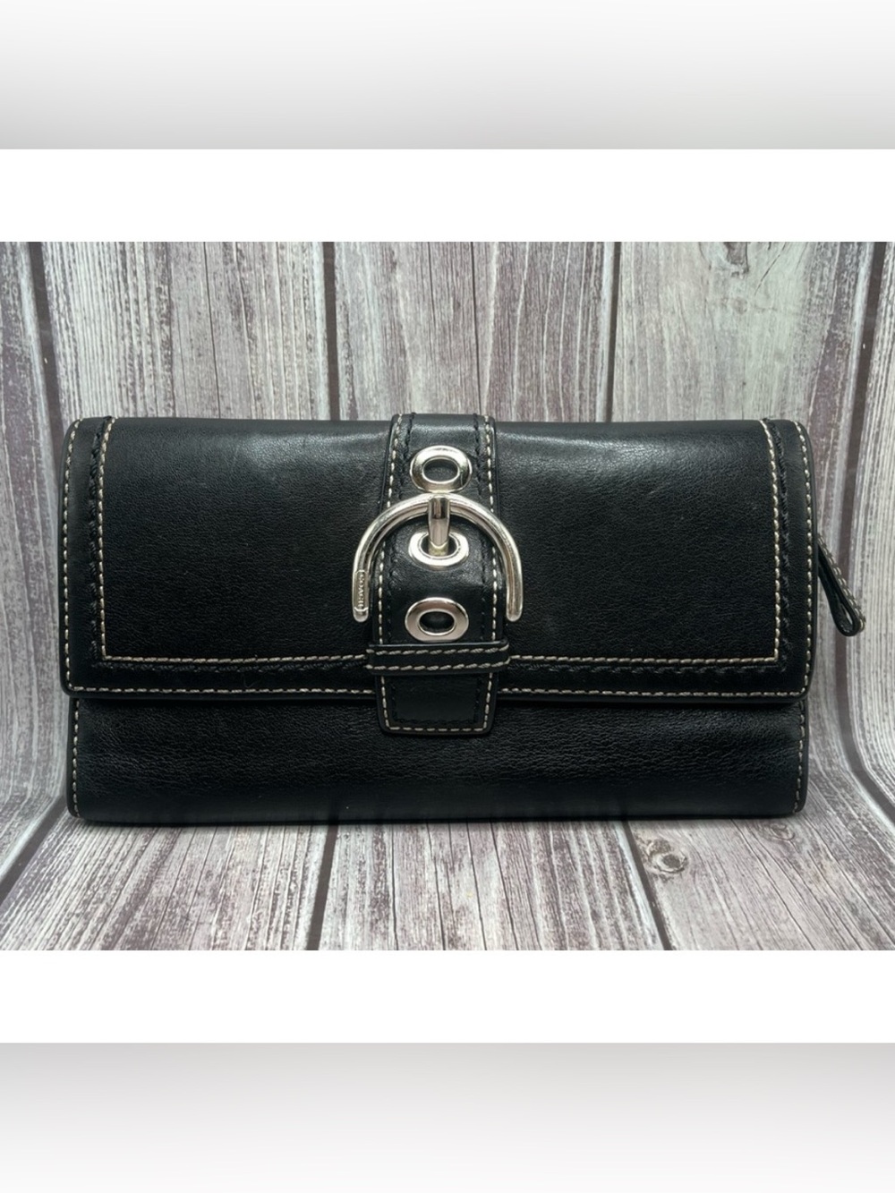 COACH VTG Y2K Soho Black Leather Tri-Fold Buckle Wallet Vintage